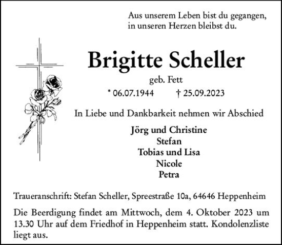 Traueranzeige von Brigitte Scheller von Starkenburger Echo