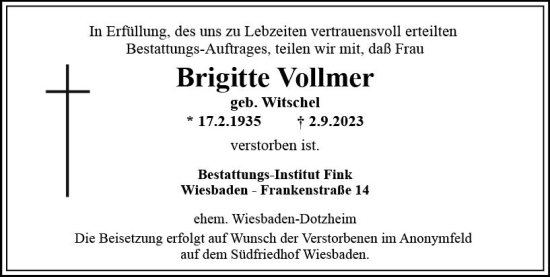 Traueranzeige von Brigitte Vollmer von Wiesbadener Kurier