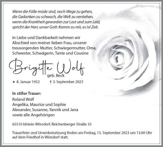 Traueranzeige von Brigitte Wolf von Idsteiner Land/Untertaunus