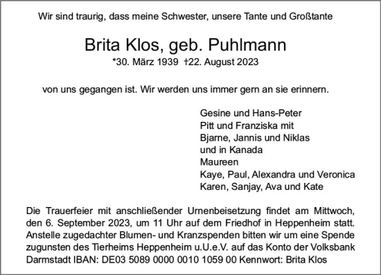 Traueranzeige von Brita Klos von Starkenburger Echo