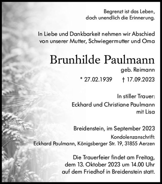 Traueranzeige von Brunhilde Paulmann von Hinterländer Anzeiger