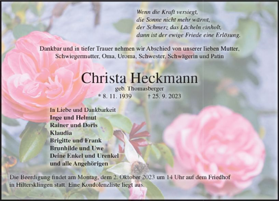 Traueranzeige von Christa Heckmann von Odenwälder Echo