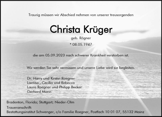 Traueranzeige von Christa Krüger von Allgemeine Zeitung Mainz