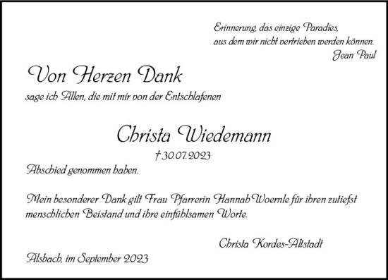 Traueranzeige von Christa Wiedemann von Darmstädter Echo