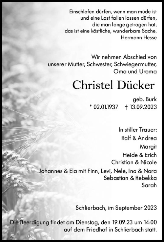 Traueranzeige von Christel Dücker von Hinterländer Anzeiger