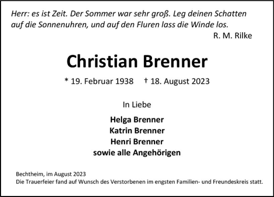 Traueranzeige von Christian Brenner von Wormser Zeitung