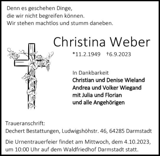 Traueranzeige von Christina Weber von Starkenburger Echo