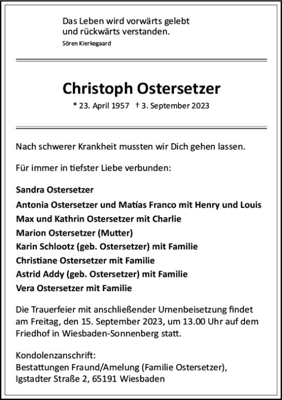Traueranzeige von Christoph Ostersetzer von Wiesbadener Kurier