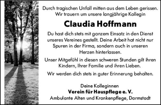 Traueranzeige von Claudia Hoffmann von Darmstädter Echo