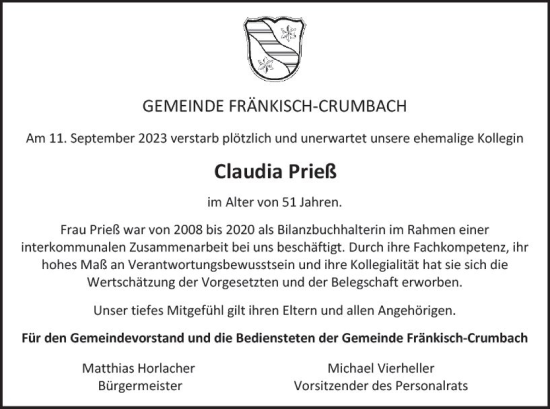 Traueranzeige von Claudia Prieß von Odenwälder Echo