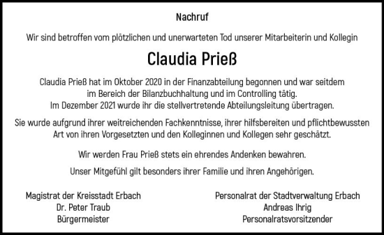 Traueranzeige von Claudia Prieß von Odenwälder Echo