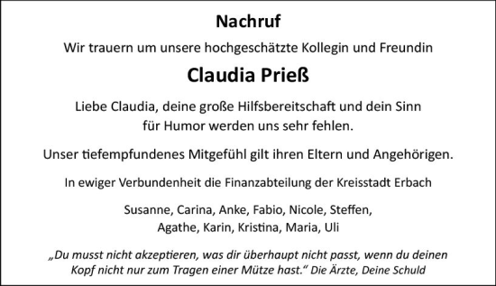 Traueranzeige von Claudia Prieß von Odenwälder Echo