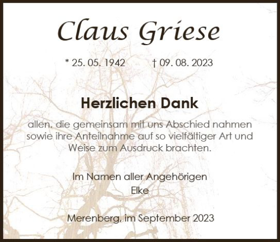 Traueranzeige von Claus Griese von Weilburger Tageblatt