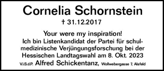 Traueranzeige von Cornelia Schornstein von VRM Trauer