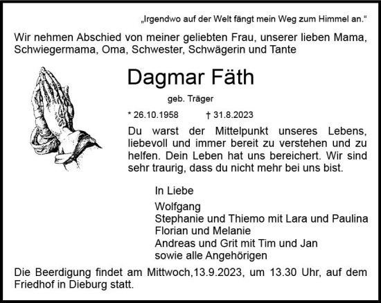 Traueranzeige von Dagmar Fäth von Dieburger Anzeiger/Groß-Zimmerner Lokal-Anzeiger