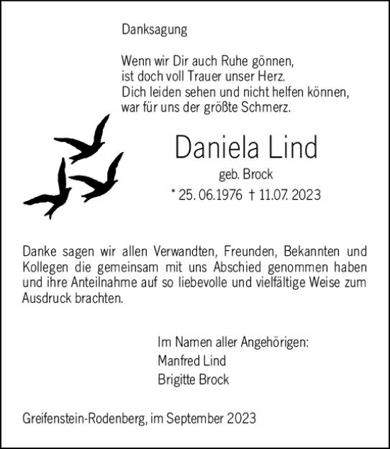 Traueranzeige von Daniela Lind von Dill Block