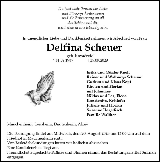 Traueranzeige von Delfina Scheuer von Allgemeine Zeitung Alzey