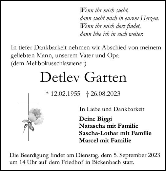 Traueranzeige von Detlev Garten von Darmstädter Echo