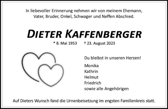 Traueranzeige von Dieter Kaffenberger von Darmstädter Echo