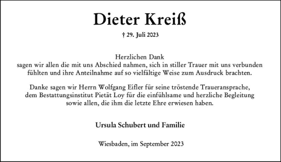 Traueranzeige von Dieter Kreiß von Wiesbadener Kurier