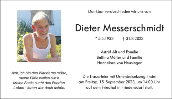 Traueranzeige von Dieter Messerschmidt von Hinterländer Anzeiger