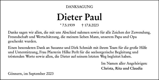 Traueranzeige von Dieter Paul von Hinterländer Anzeiger