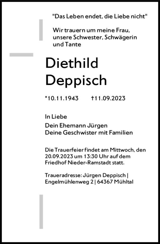 Traueranzeige von Diethild Deppisch von Darmstädter Echo