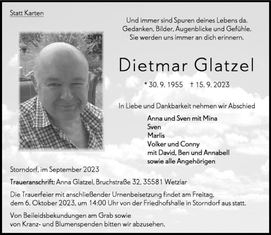 Traueranzeige von Dietmar Glatzel von Oberhessen Kurier