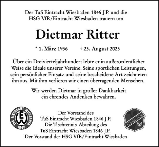 Traueranzeige von Dietmar Ritter von Wiesbadener Kurier