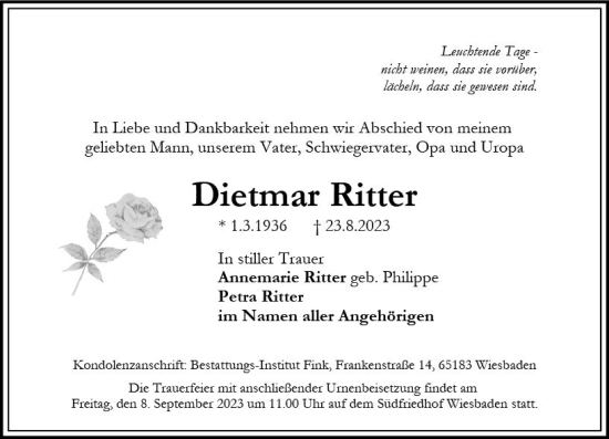 Traueranzeige von Dietmar Ritter von Wiesbadener Kurier