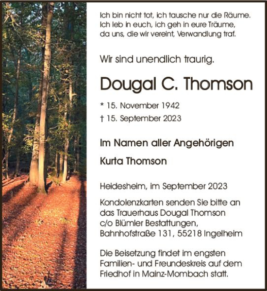 Traueranzeige von Dougal  Thomson von Allgemeine Zeitung Bingen/Ingelheim