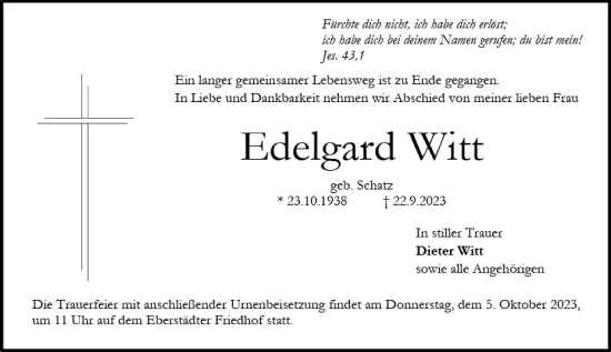 Traueranzeige von Edelgard Witt von Darmstädter Echo