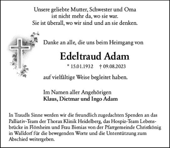 Traueranzeige von Edeltraud Adam von Rüsselsheimer Echo