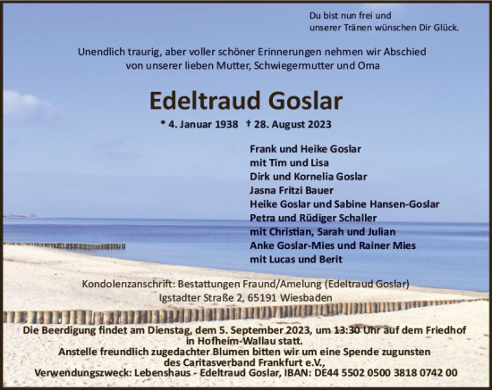 Traueranzeige von Edeltraud Goslar von Wiesbadener Kurier