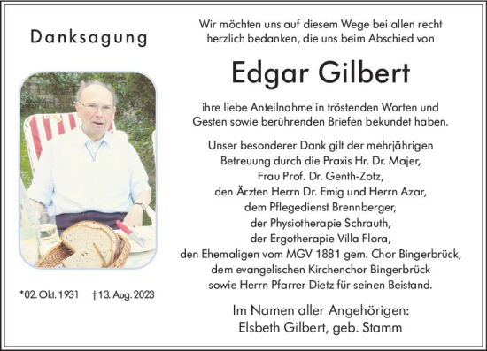 Traueranzeige von Edgar Gilbert von Allgemeine Zeitung Bingen/Ingelheim