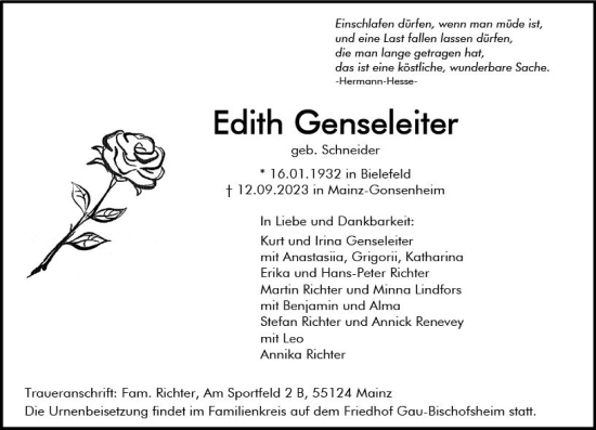 Traueranzeige von Edith Genseleiter von Allgemeine Zeitung Mainz