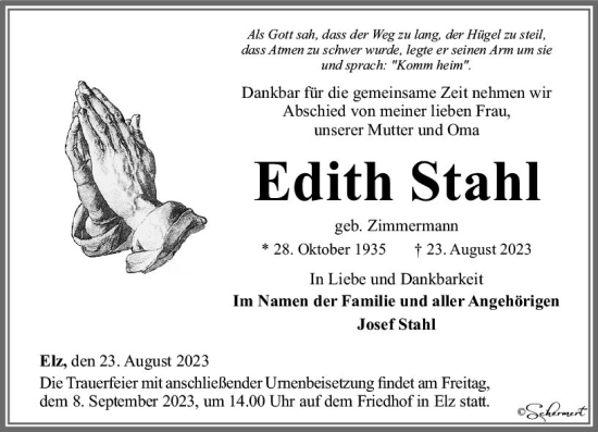 Traueranzeige von Edith Stahl von Nassauische Neue Presse