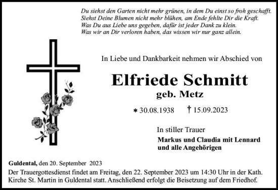 Traueranzeige von Elfriede Schmitt von Allgemeine Zeitung Bad Kreuznach