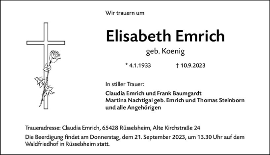 Traueranzeige von Elisabeth Emrich von Rüsselsheimer Echo