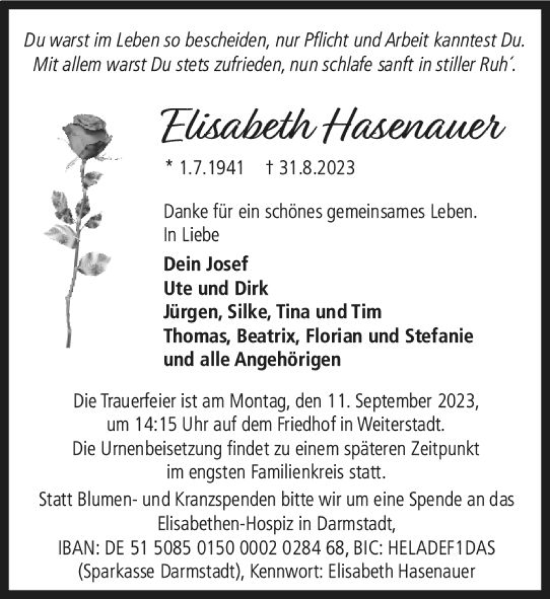 Traueranzeige von Elisabeth Hasenauer von Darmstädter Echo