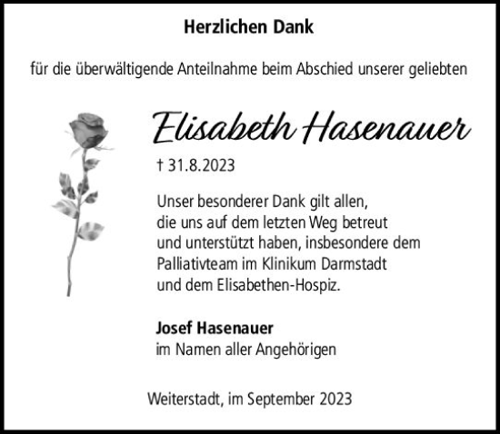 Traueranzeige von Elisabeth Hasenauer von Darmstädter Echo