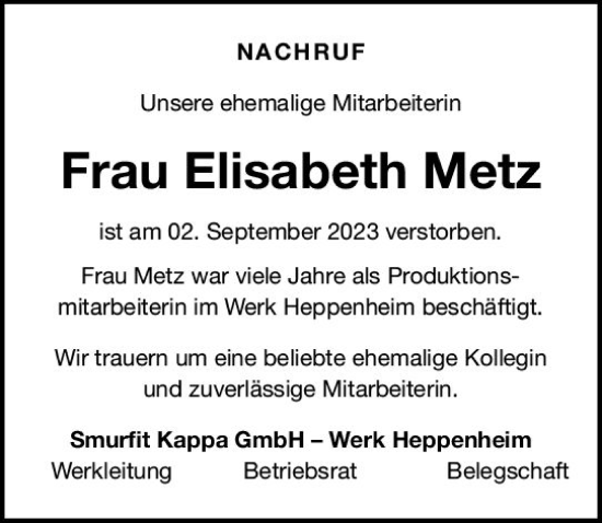 Traueranzeige von Elisabeth Metz von Bergsträßer Anzeiger