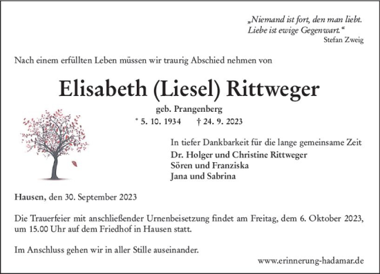 Traueranzeige von Elisabeth Rittweger von Nassauische Neue Presse