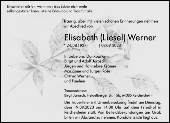 Traueranzeige von Elisabeth Werner von Odenwälder Echo