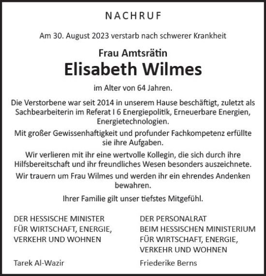 Traueranzeige von Elisabeth Wilmes von Wiesbadener Kurier