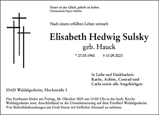 Traueranzeige von Elisabeth Hedwig Sulsky von Allgemeine Zeitung Bingen/Ingelheim