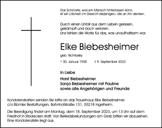Traueranzeige von Elke Biebesheimer von Allgemeine Zeitung Mainz