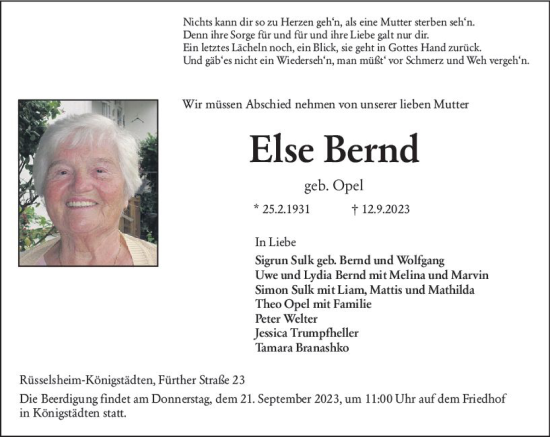 Traueranzeige von Else Bernd von Rüsselsheimer Echo