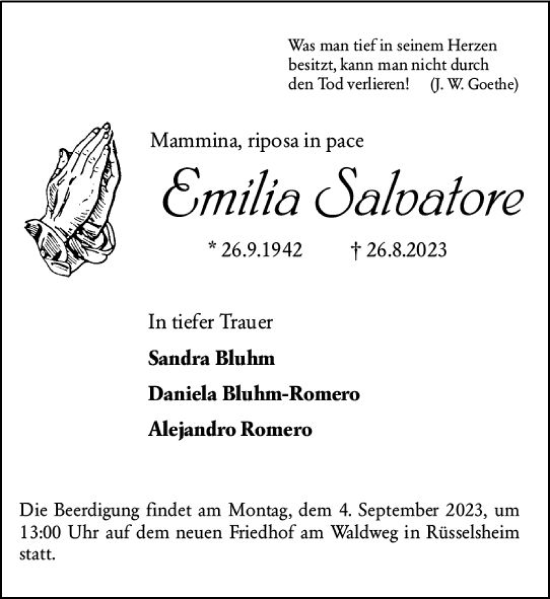 Traueranzeige von Emilia Salvatore von Rüsselsheimer Echo