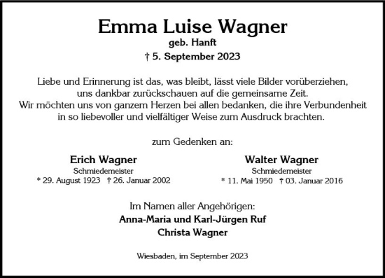 Traueranzeige von Emma Luise Wagner von Wiesbadener Kurier